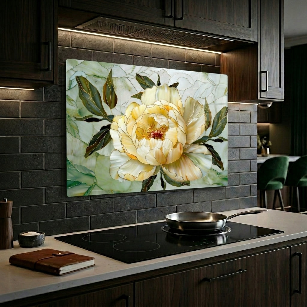 Peony Metal Kitchen Backsplash Panel, Stained Glass Inspired Wall Art