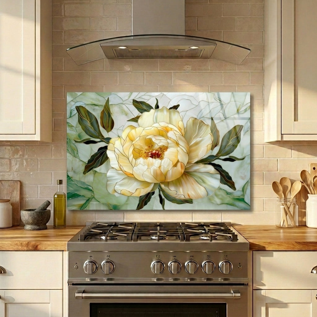 Peony Metal Kitchen Backsplash Panel, Stained Glass Inspired Wall Art