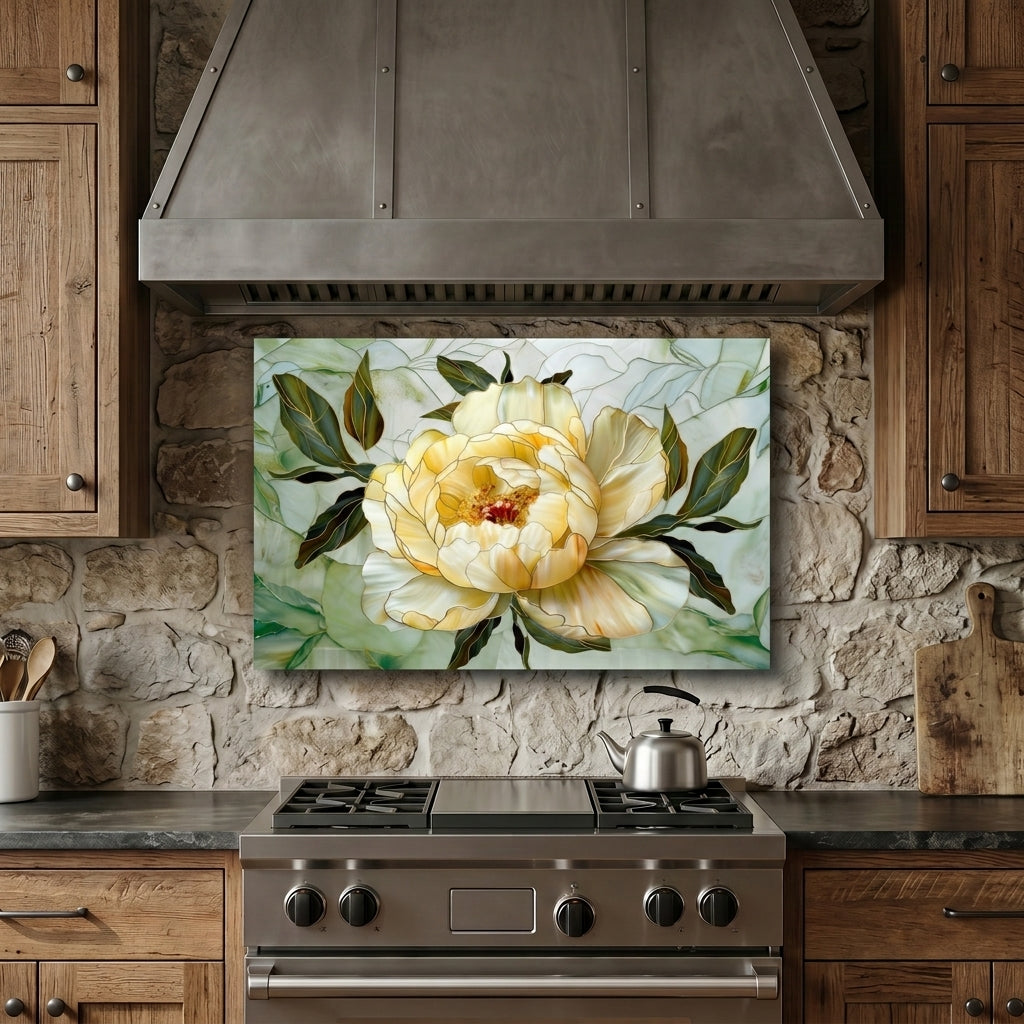 Peony Metal Kitchen Backsplash Panel, Stained Glass Inspired Wall Art