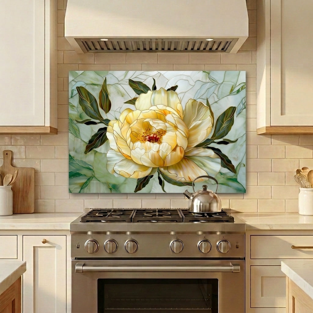 Peony Metal Kitchen Backsplash Panel, Stained Glass Inspired Wall Art