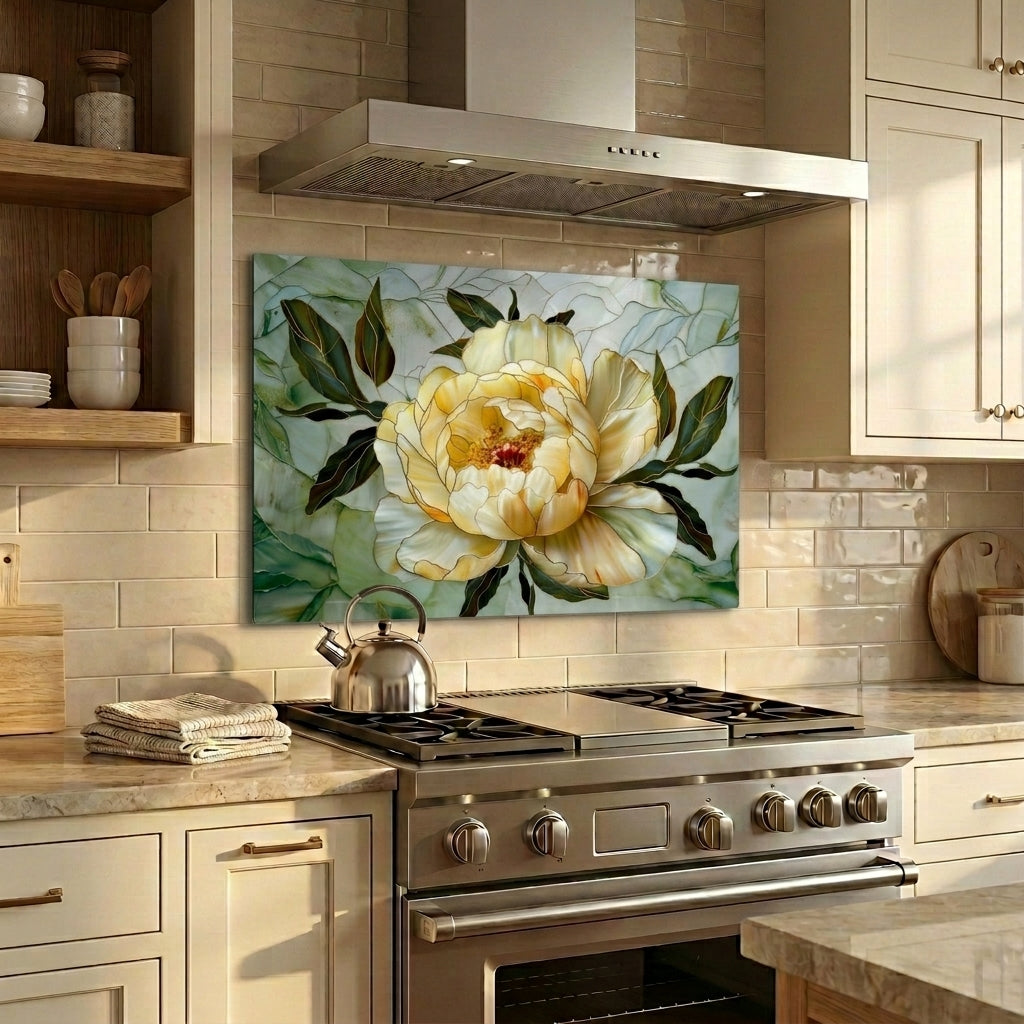 Peony Metal Kitchen Backsplash Panel, Stained Glass Inspired Wall Art