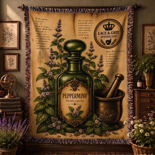 Peppermint Woven Throw Blanket, Botanical Apothecary Decor, Cotton Tapestry Throw, English Cottage Herbal Gift