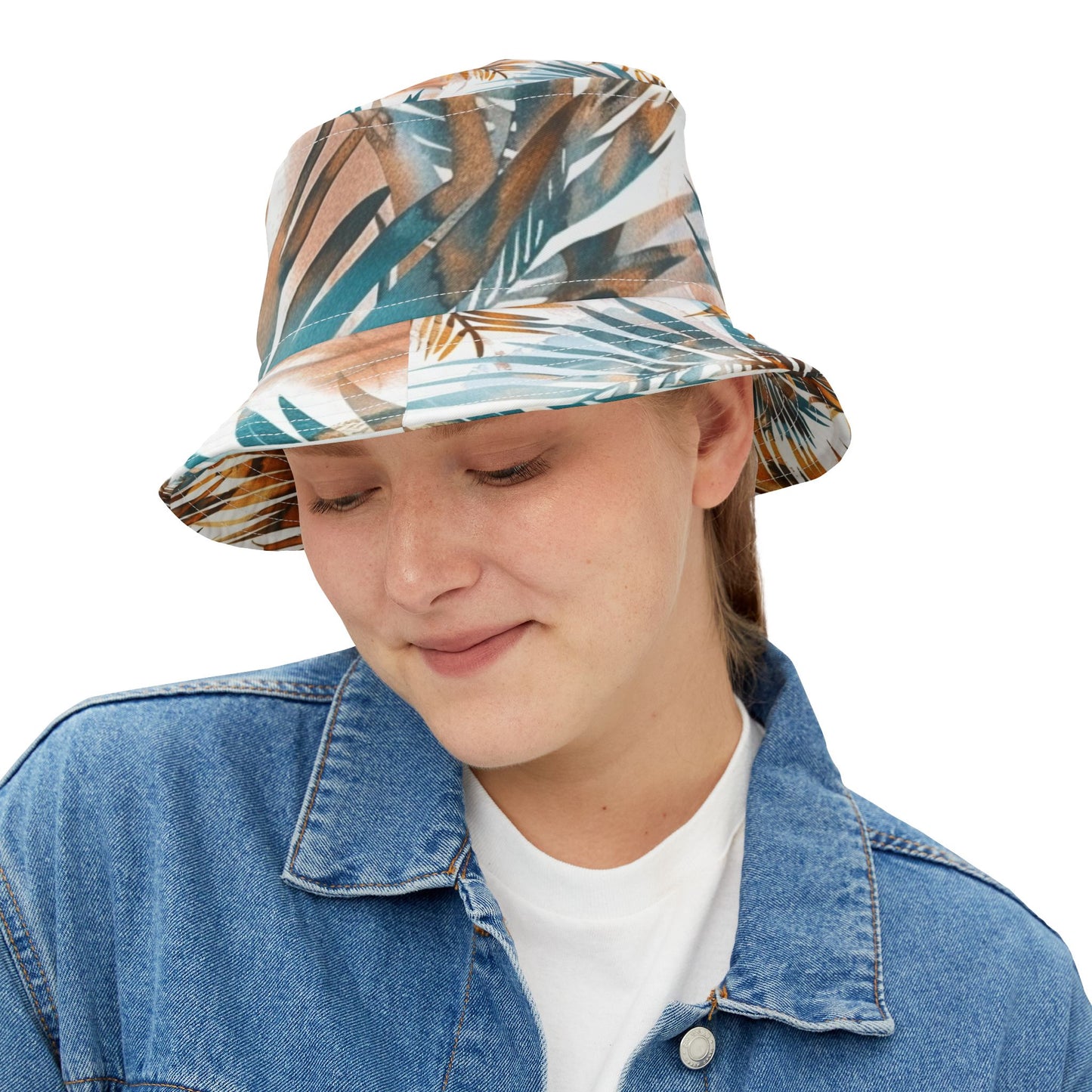 Tropical Muse Bucket Hat – Boho Palm Leaf Pattern in Teal & Copper | Unisex All-Over Print Hat by Lace & Grit