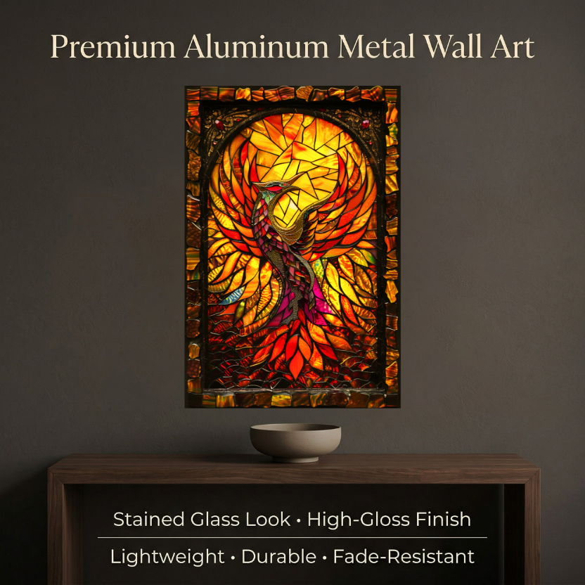 Rising Phoenix – Stained Glass Style Metal Wall Art