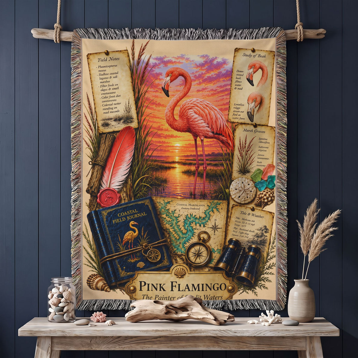 Pink Flamingo Woven Throw Blanket | Coastal Bird Decor | Cotton Tapestry Throw | Naturalist Journal Gift
