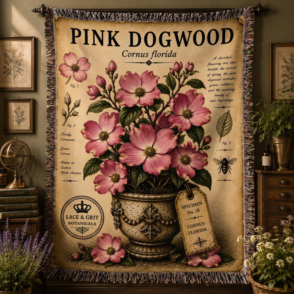 Pink Dogwood Woven Throw Blanket, Botanical Garden Decor, Cotton Tapestry Throw, English Cottage Floral Gift
