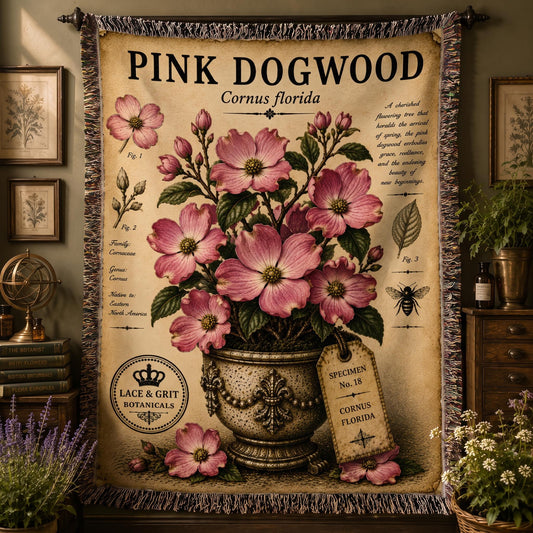 Pink Dogwood Woven Throw Blanket, Botanical Garden Decor, Cotton Tapestry Throw, English Cottage Floral Gift