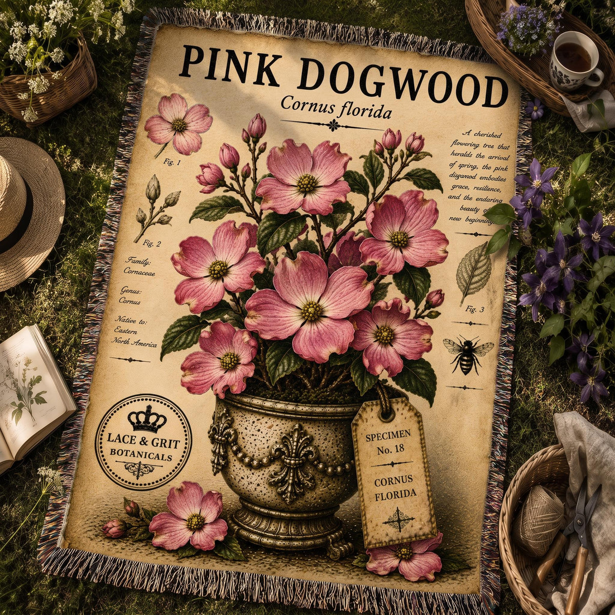 Pink Dogwood Woven Throw Blanket, Botanical Garden Decor, Cotton Tapestry Throw, English Cottage Floral Gift