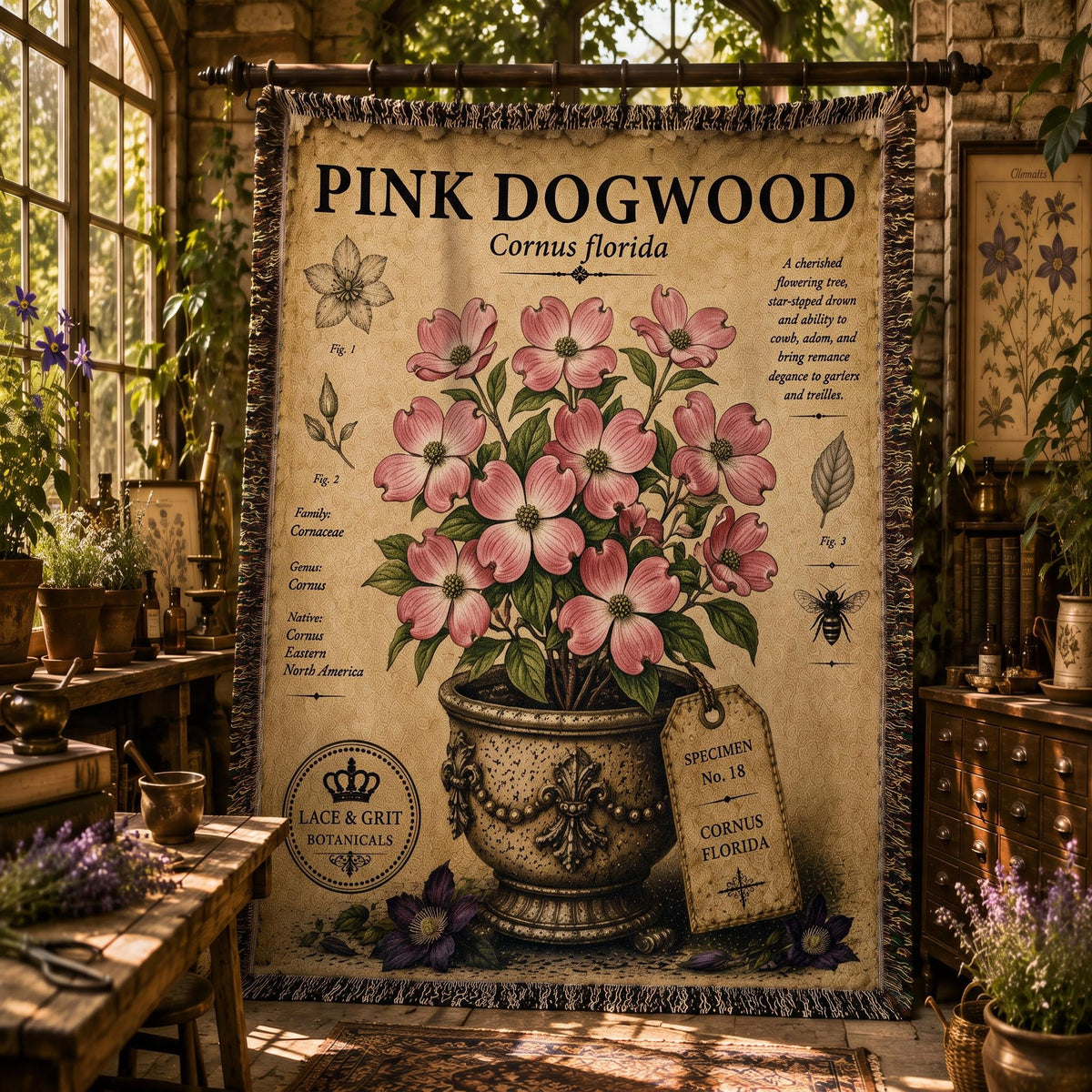 Pink Dogwood Woven Throw Blanket, Botanical Garden Decor, Cotton Tapestry Throw, English Cottage Floral Gift