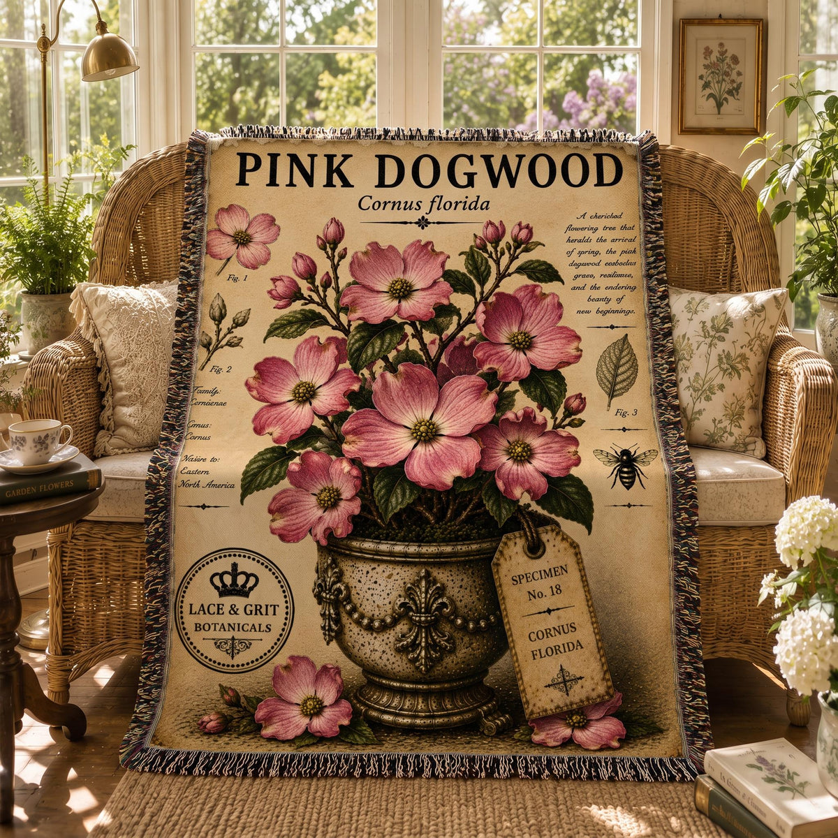 Pink Dogwood Woven Throw Blanket, Botanical Garden Decor, Cotton Tapestry Throw, English Cottage Floral Gift