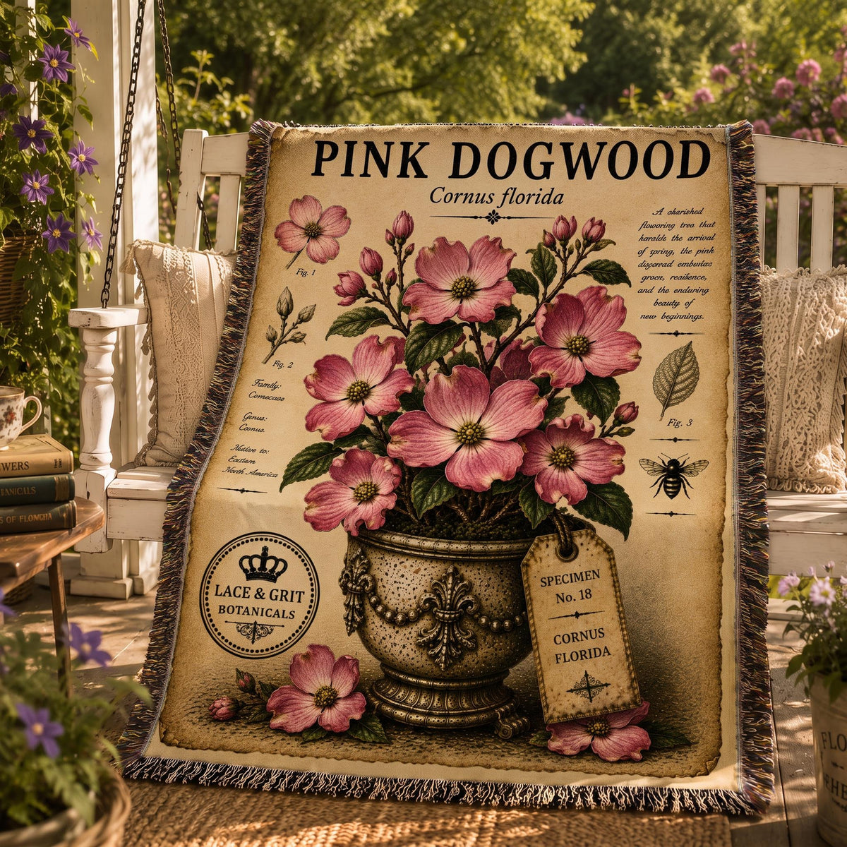 Pink Dogwood Woven Throw Blanket, Botanical Garden Decor, Cotton Tapestry Throw, English Cottage Floral Gift