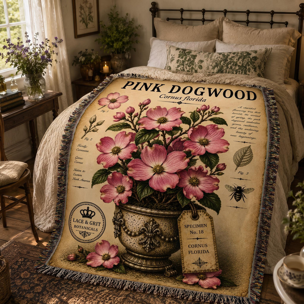 Pink Dogwood Woven Throw Blanket, Botanical Garden Decor, Cotton Tapestry Throw, English Cottage Floral Gift