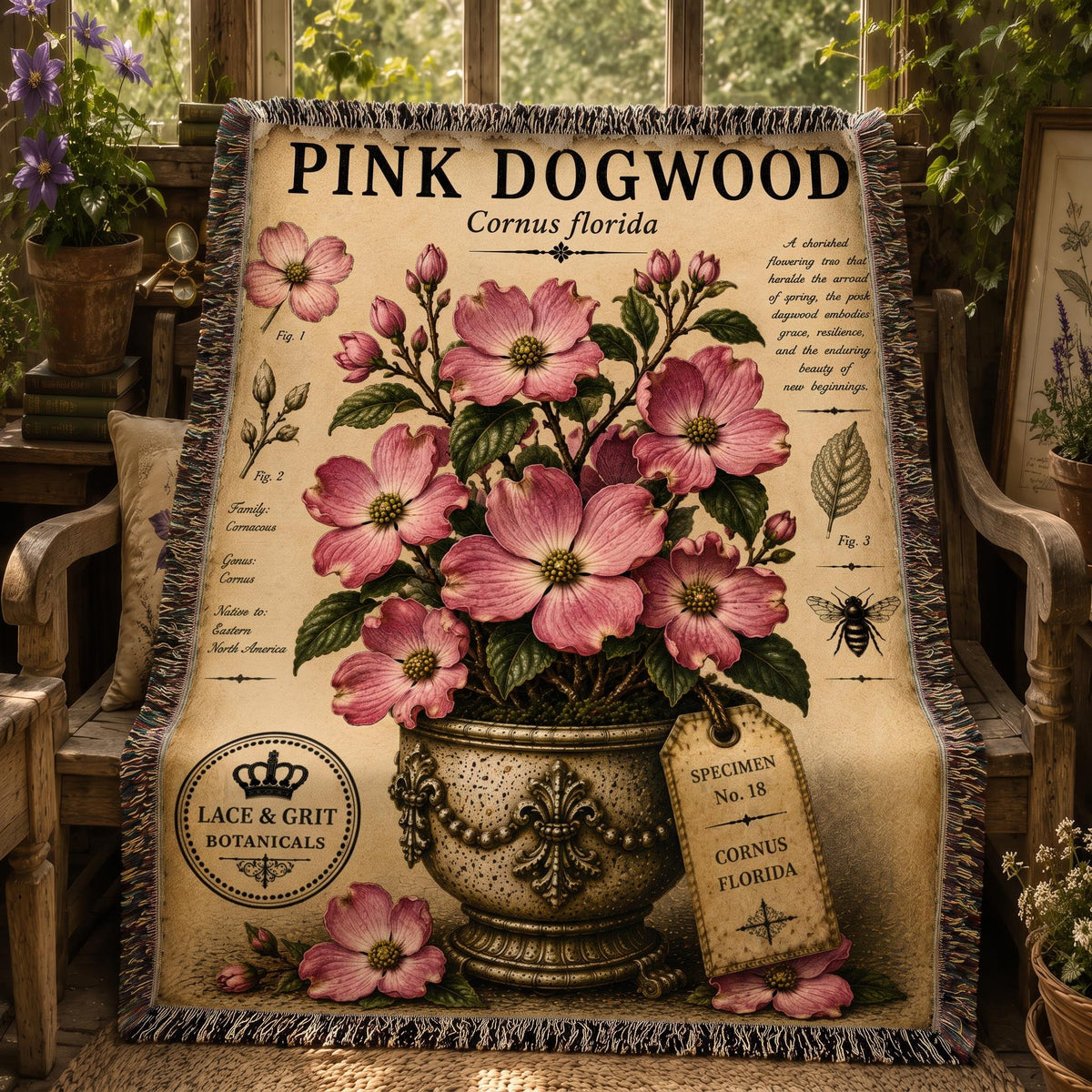 Pink Dogwood Woven Throw Blanket, Botanical Garden Decor, Cotton Tapestry Throw, English Cottage Floral Gift