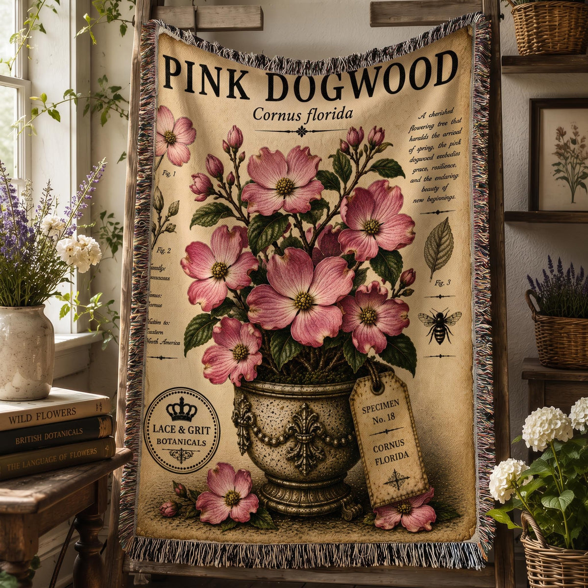 Pink Dogwood Woven Throw Blanket, Botanical Garden Decor, Cotton Tapestry Throw, English Cottage Floral Gift