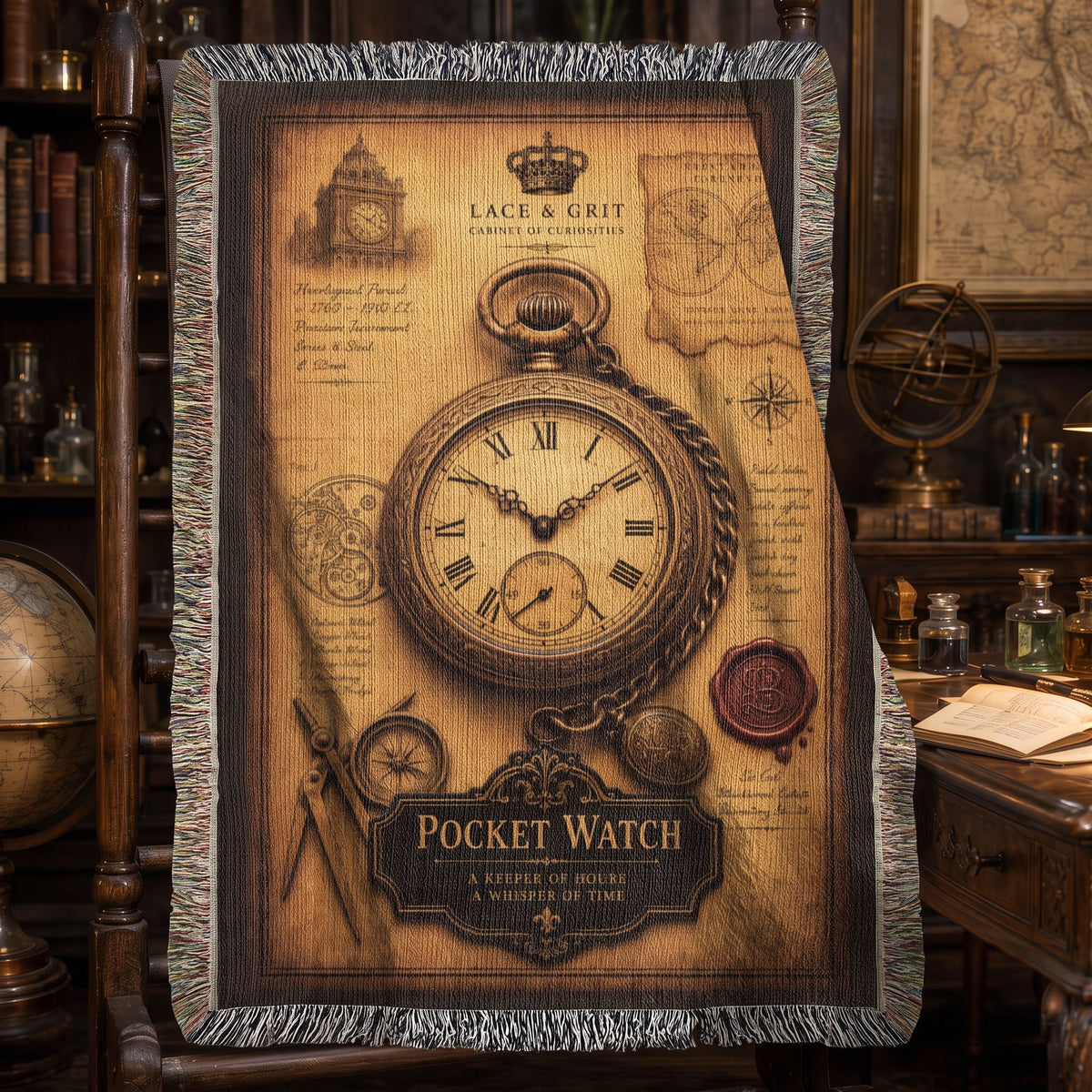 Pocket Watch Woven Throw Blanket | Cabinet of Curiosities Decor | Cotton Tapestry | Vintage Timepiece Gift