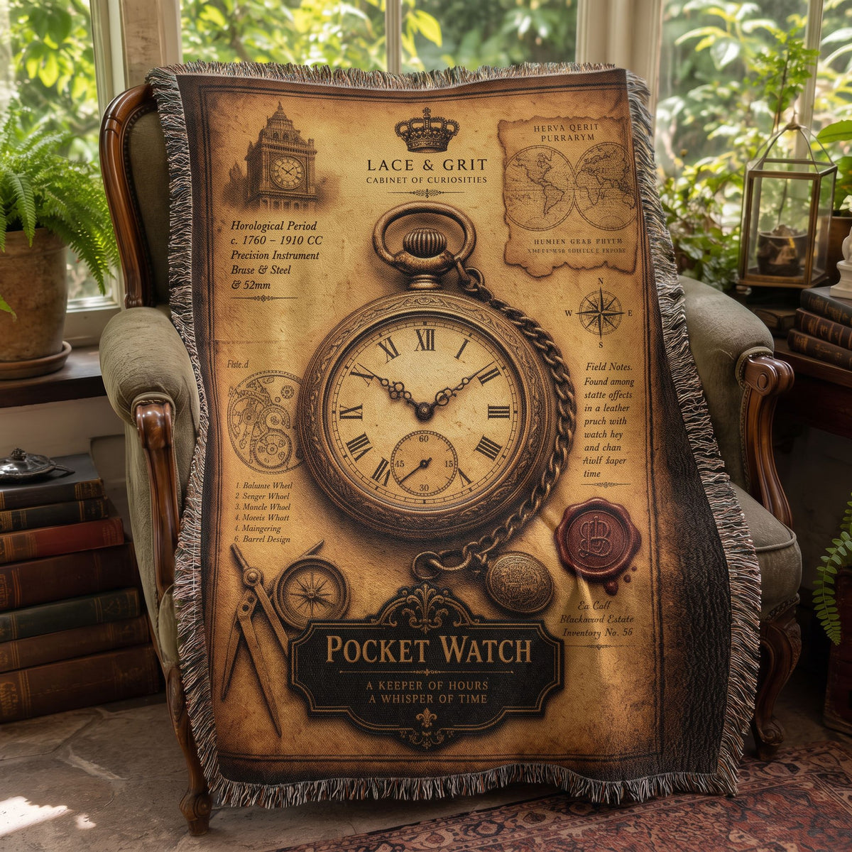 Pocket Watch Woven Throw Blanket | Cabinet of Curiosities Decor | Cotton Tapestry | Vintage Timepiece Gift