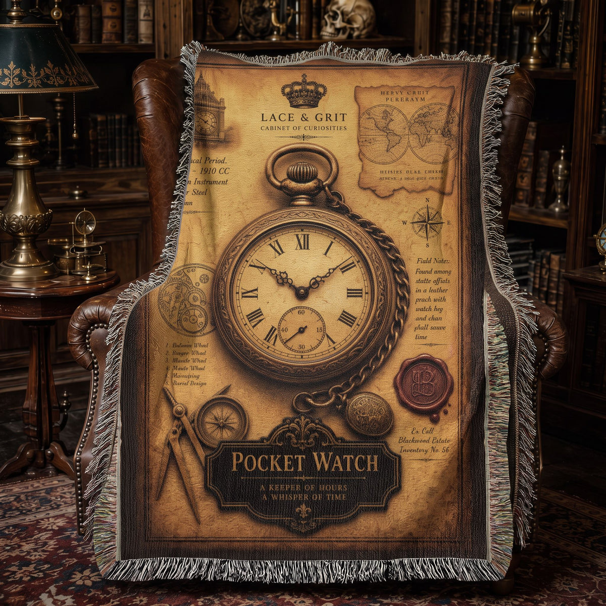 Pocket Watch Woven Throw Blanket | Cabinet of Curiosities Decor | Cotton Tapestry | Vintage Timepiece Gift