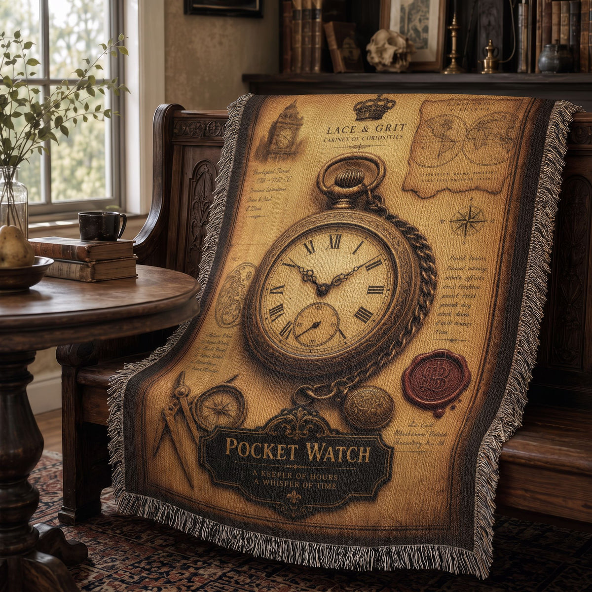 Pocket Watch Woven Throw Blanket | Cabinet of Curiosities Decor | Cotton Tapestry | Vintage Timepiece Gift
