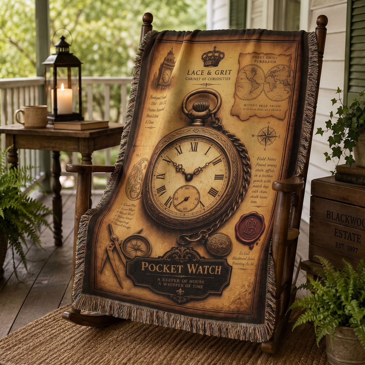 Pocket Watch Woven Throw Blanket | Cabinet of Curiosities Decor | Cotton Tapestry | Vintage Timepiece Gift