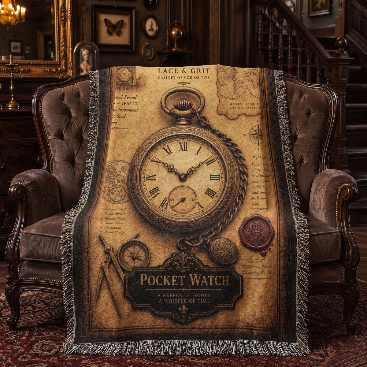 Pocket Watch Woven Throw Blanket | Cabinet of Curiosities Decor | Cotton Tapestry | Vintage Timepiece Gift