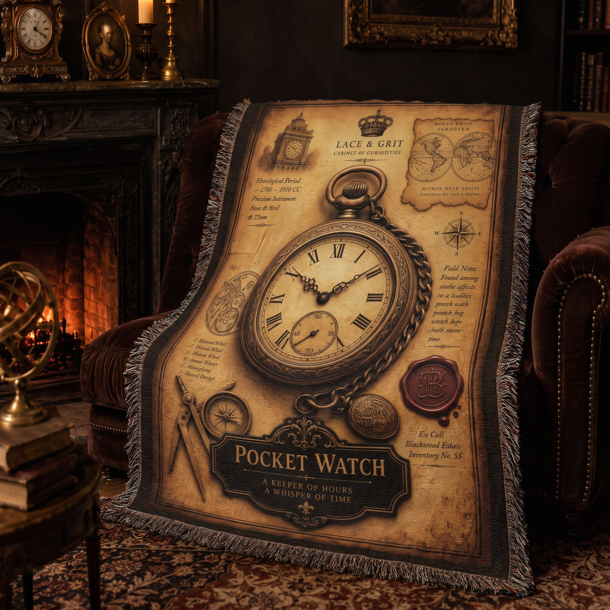 Pocket Watch Woven Throw Blanket | Cabinet of Curiosities Decor | Cotton Tapestry | Vintage Timepiece Gift
