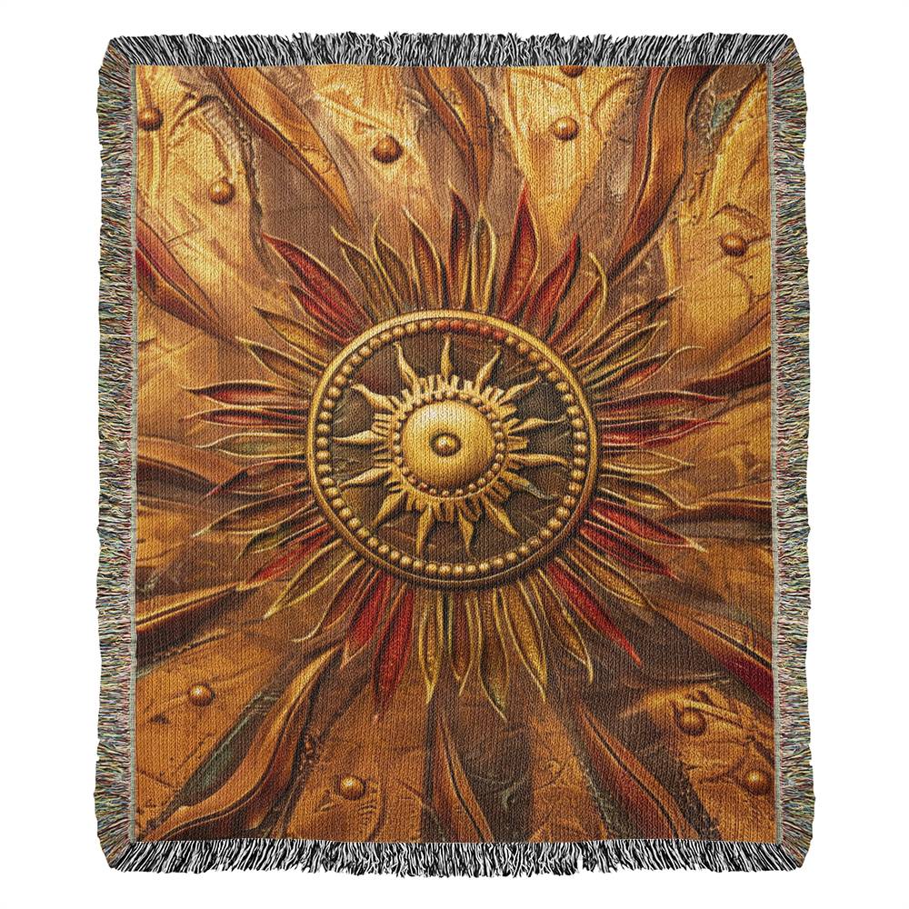 Embossed Sunburst Blanket – Golden Woven Throw | Radiant Boho Decor by Lace & Grit