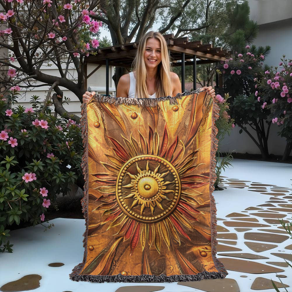 Embossed Sunburst Blanket – Golden Woven Throw | Radiant Boho Decor by Lace & Grit