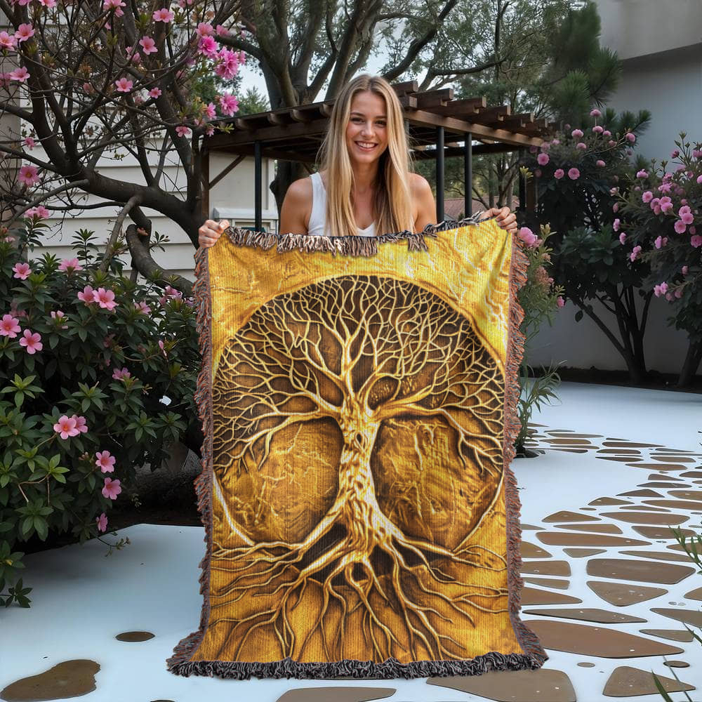 Embossed Tree of Life Blanket – Golden Woven Throw | Symbolic Boho Decor by Lace & Grit