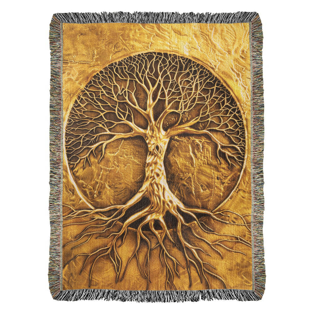 Embossed Tree of Life Blanket – Golden Woven Throw | Symbolic Boho Decor by Lace & Grit