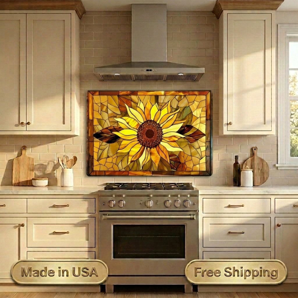 Sunflower Metal Kitchen Backsplash Panel, Stained Glass Inspired Wall Art