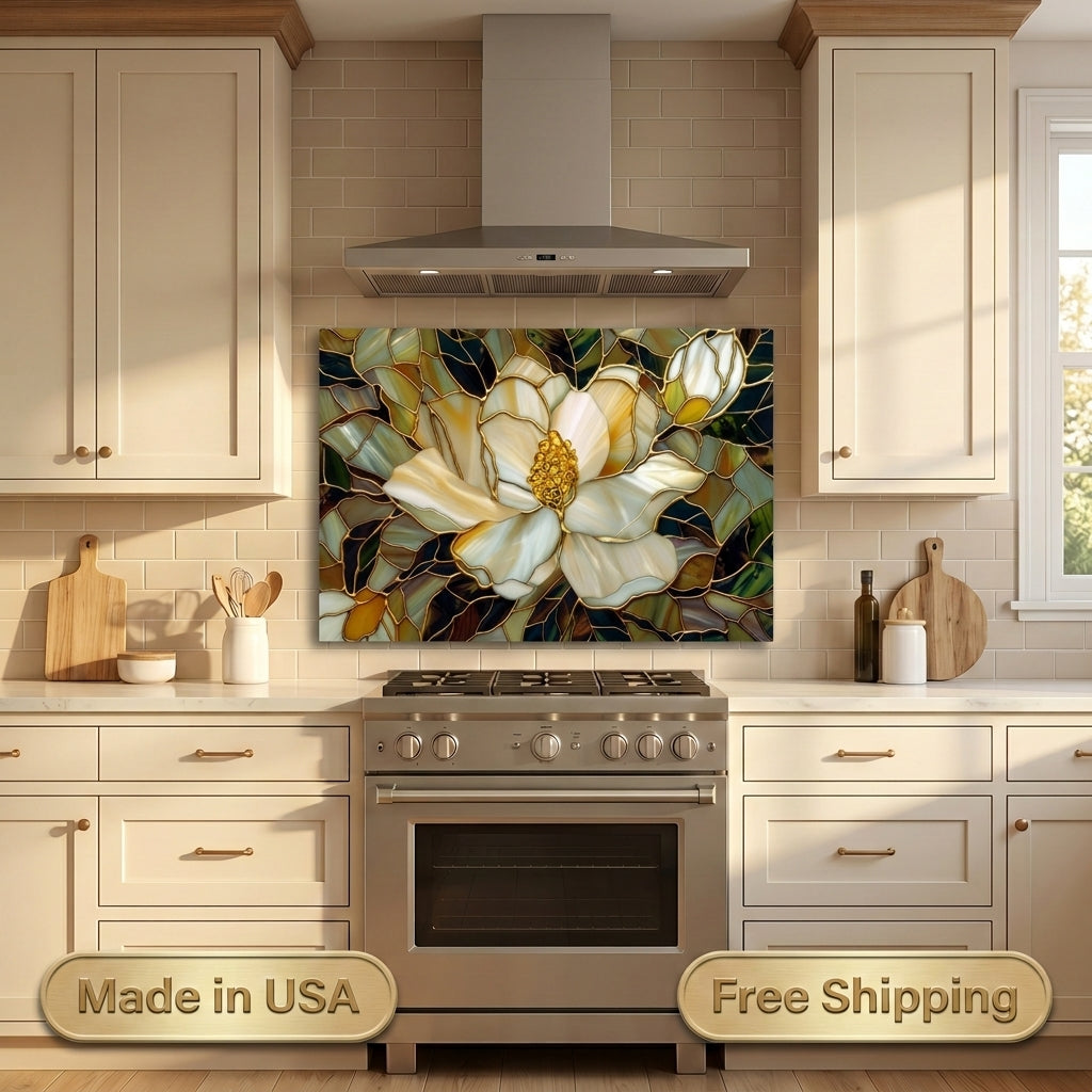 Magnolia Metal Kitchen Backsplash Panel, Stained Glass Inspired Wall Art