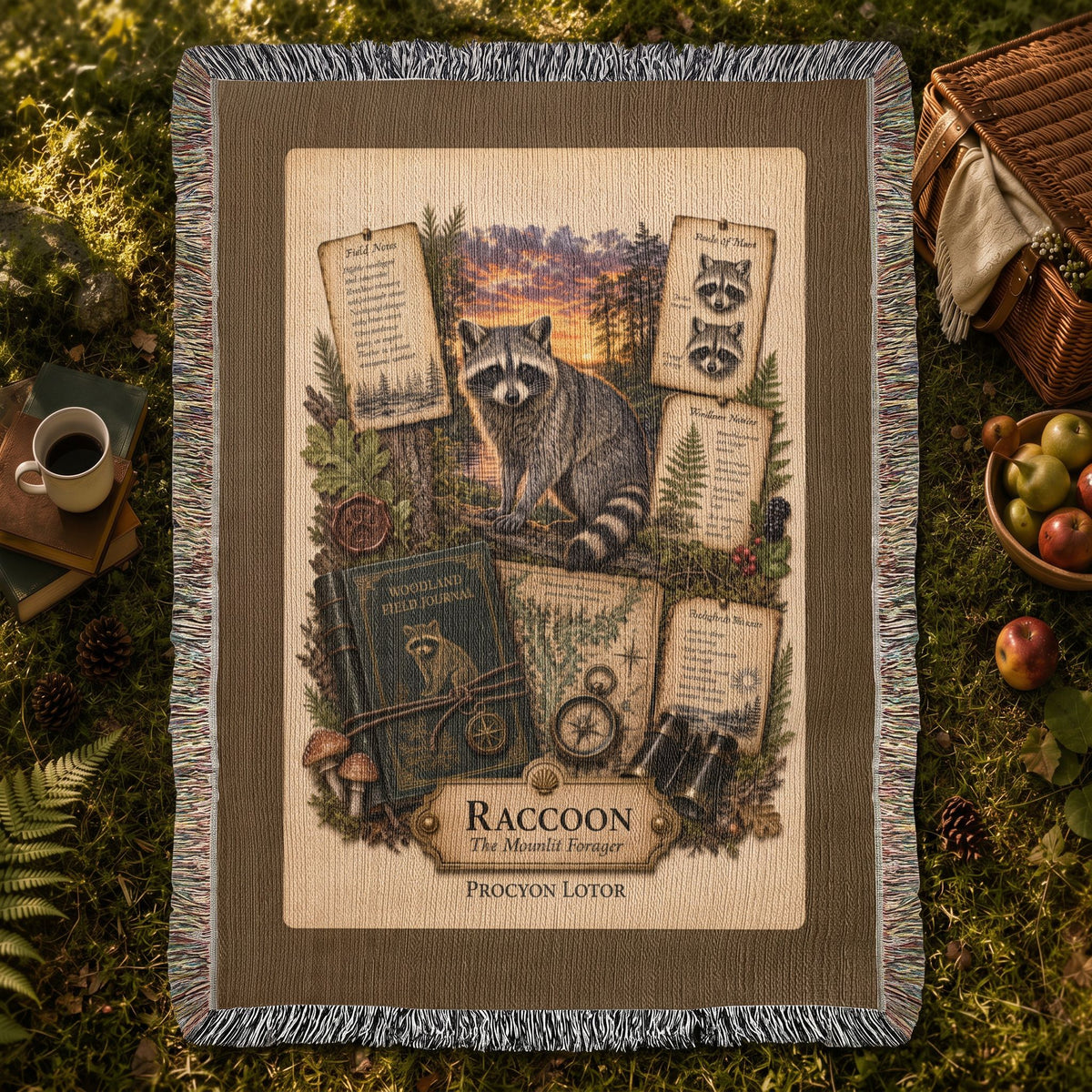 Raccoon Woven Throw Blanket | Woodland Animal Decor | Cotton Tapestry Throw | Naturalist Journal Gift