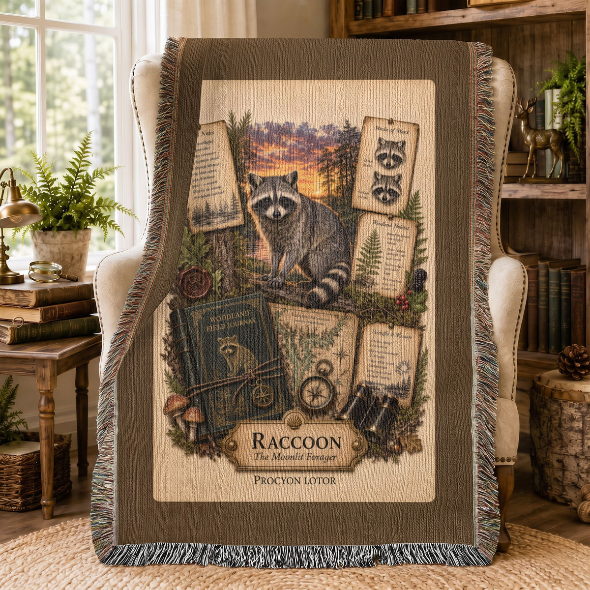Raccoon Woven Throw Blanket | Woodland Animal Decor | Cotton Tapestry Throw | Naturalist Journal Gift