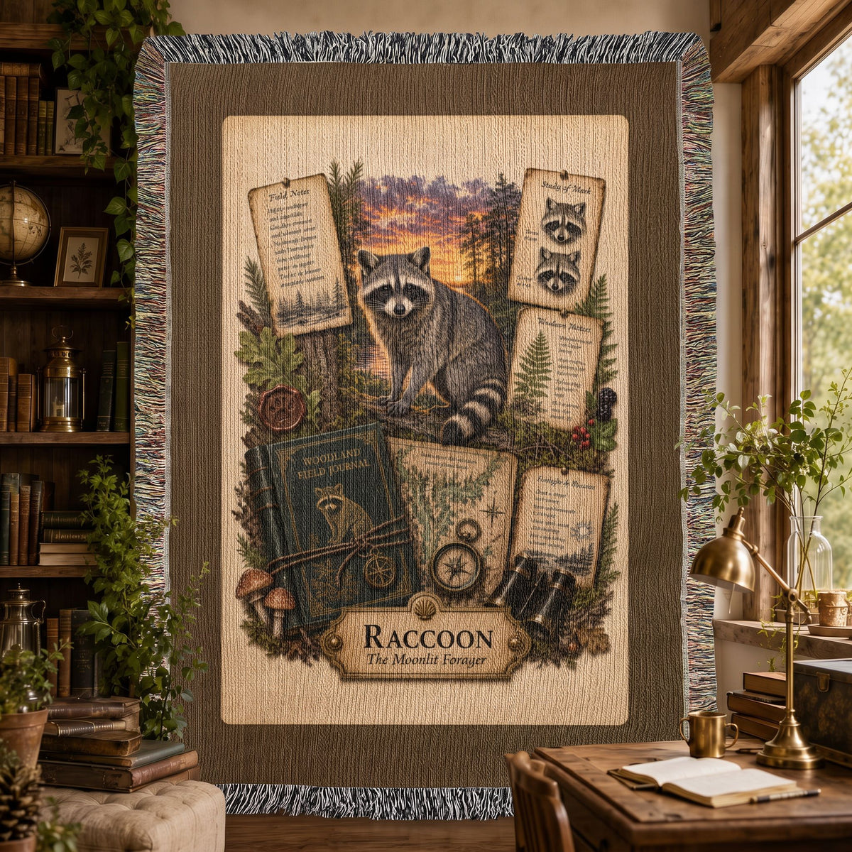Raccoon Woven Throw Blanket | Woodland Animal Decor | Cotton Tapestry Throw | Naturalist Journal Gift