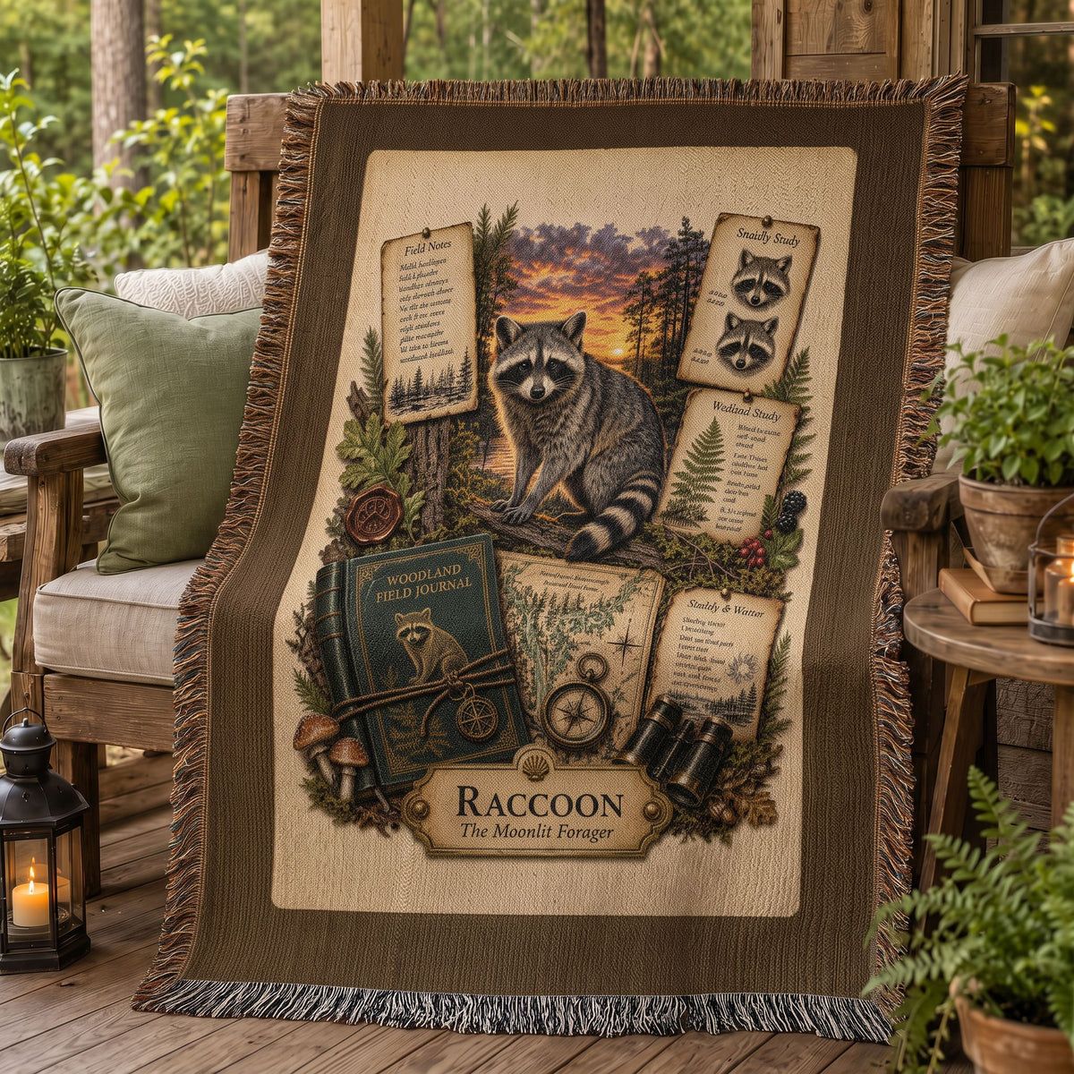 Raccoon Woven Throw Blanket | Woodland Animal Decor | Cotton Tapestry Throw | Naturalist Journal Gift