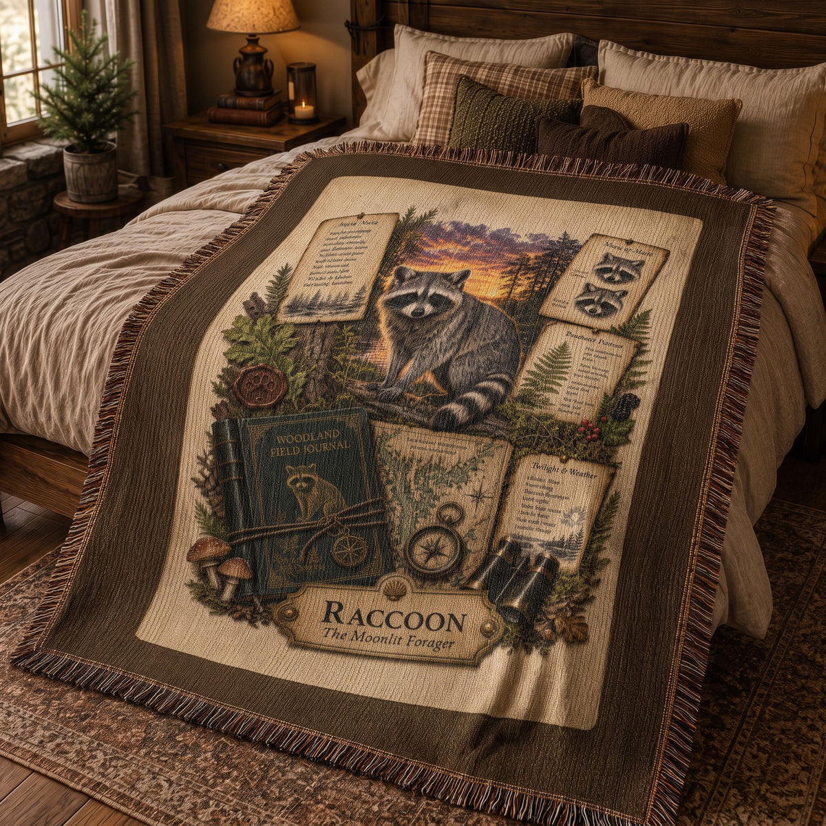 Raccoon Woven Throw Blanket | Woodland Animal Decor | Cotton Tapestry Throw | Naturalist Journal Gift