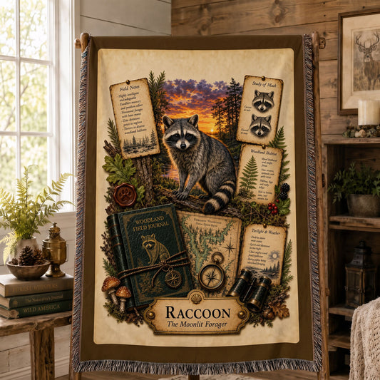 Raccoon Woven Throw Blanket | Woodland Animal Decor | Cotton Tapestry Throw | Naturalist Journal Gift