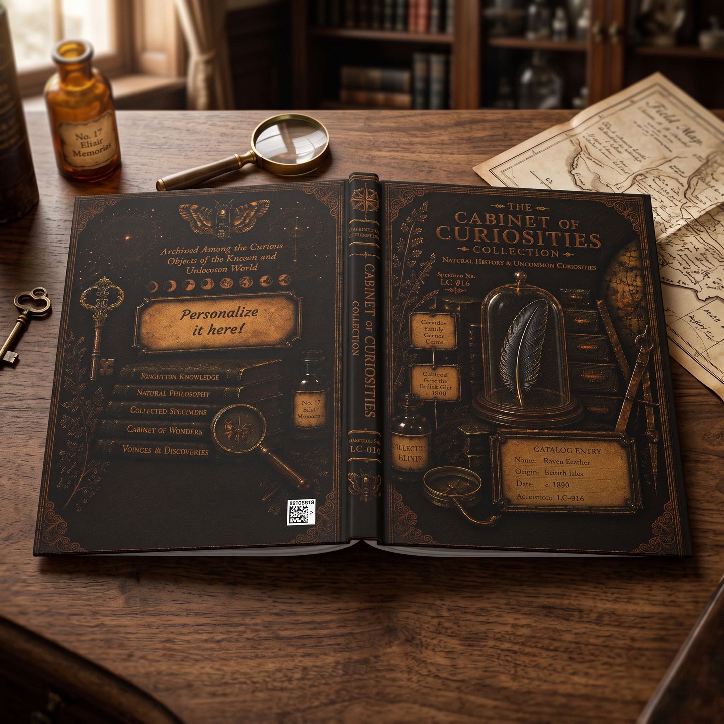 Raven Feather Journal, Personalized Cabinet of Curiosities Hardcover Notebook, Dark Academia Gift