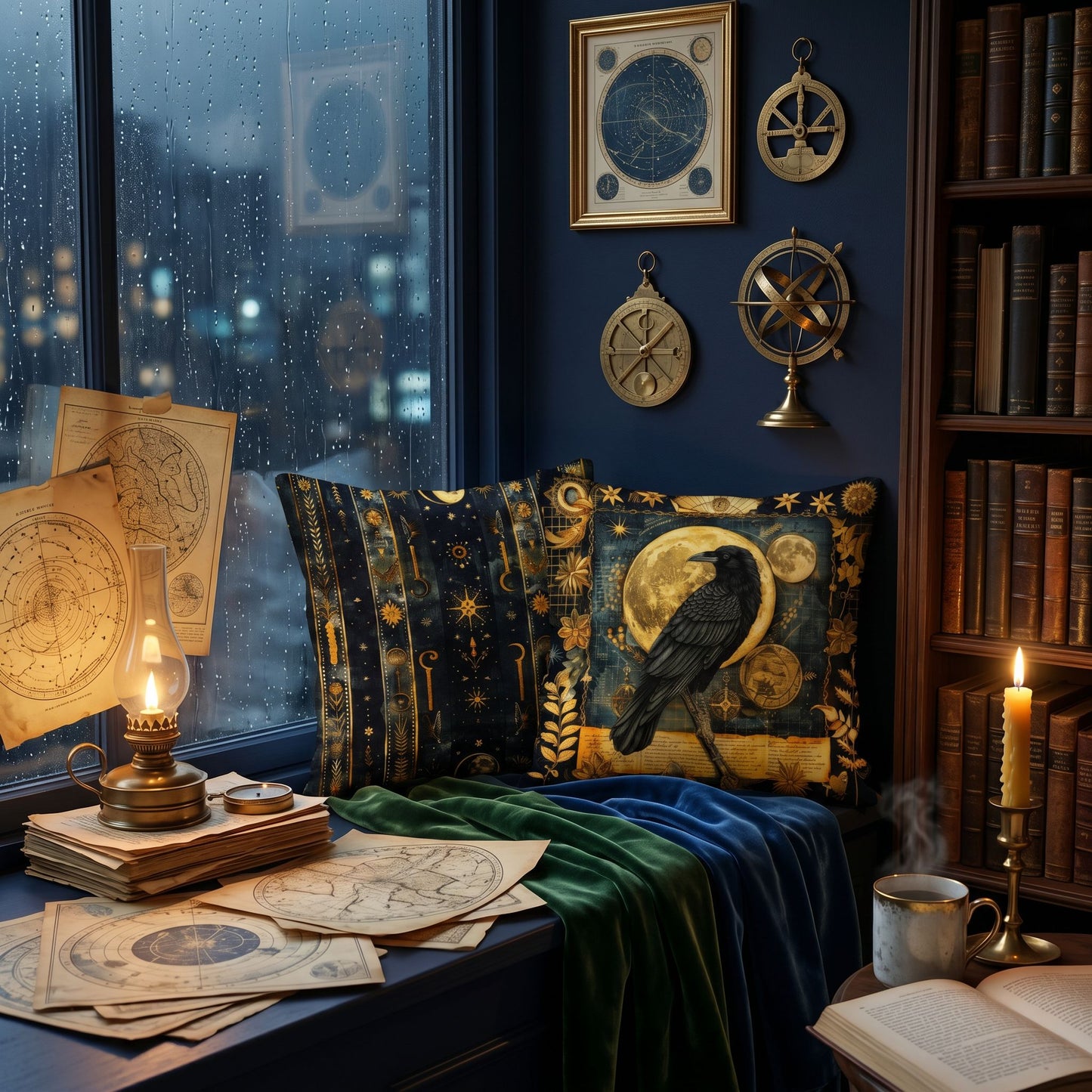 Celestial Raven Lore Pillow | Dark Academia Gothic Library Decor