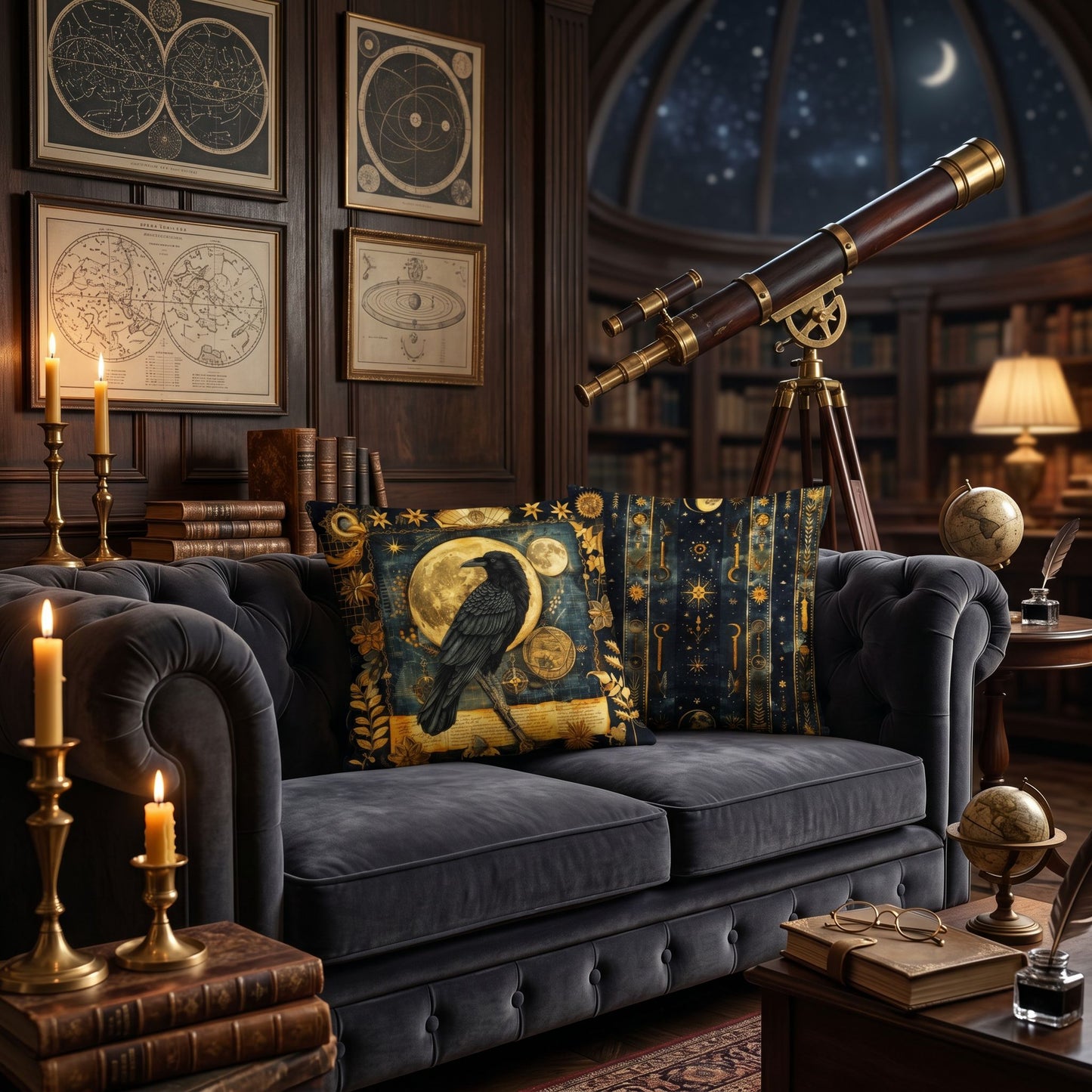 Celestial Raven Lore Pillow | Dark Academia Gothic Library Decor