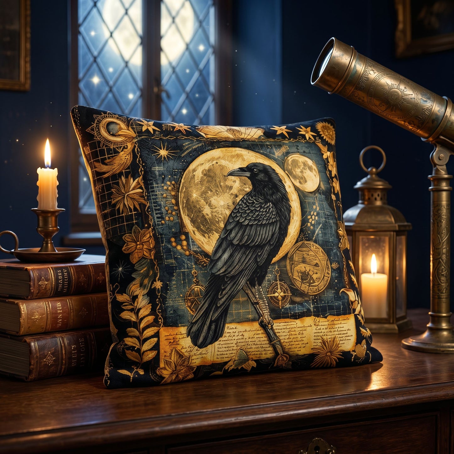 Celestial Raven Lore Pillow | Dark Academia Gothic Library Decor