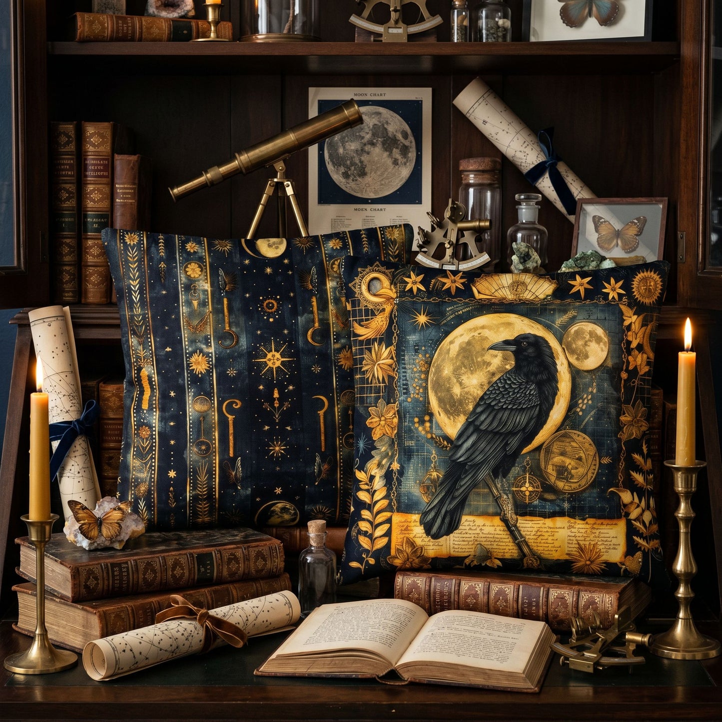 Celestial Raven Lore Pillow | Dark Academia Gothic Library Decor
