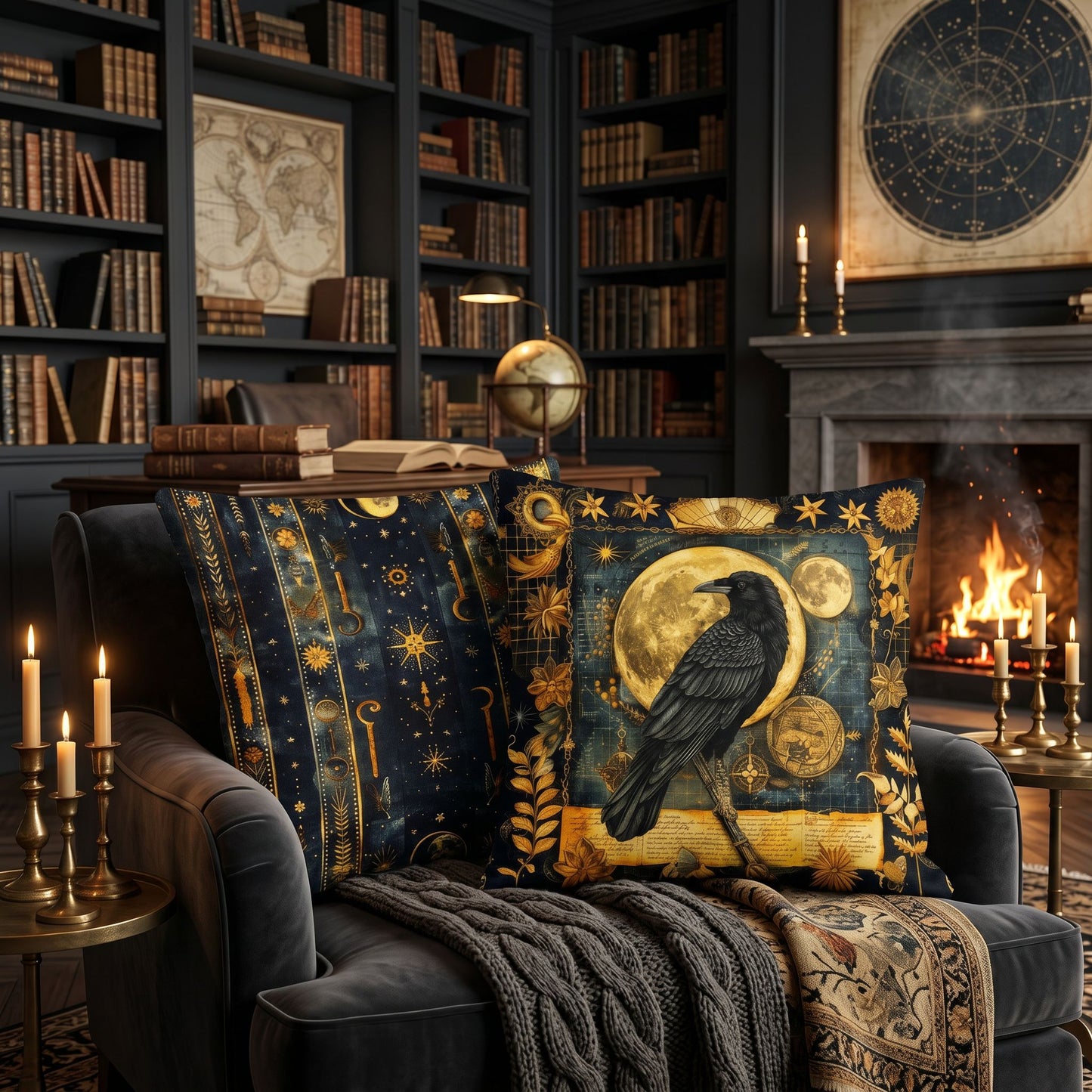 Celestial Raven Lore Pillow | Dark Academia Gothic Library Decor