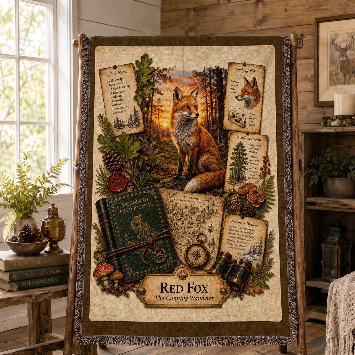 Red Fox Woven Throw Blanket | Woodland Animal Decor | Cotton Tapestry Throw | Naturalist Journal Gift