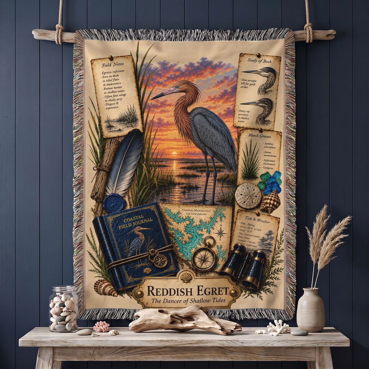 Reddish Egret Woven Throw Blanket | Coastal Bird Decor | Cotton Tapestry Throw | Naturalist Journal Gift