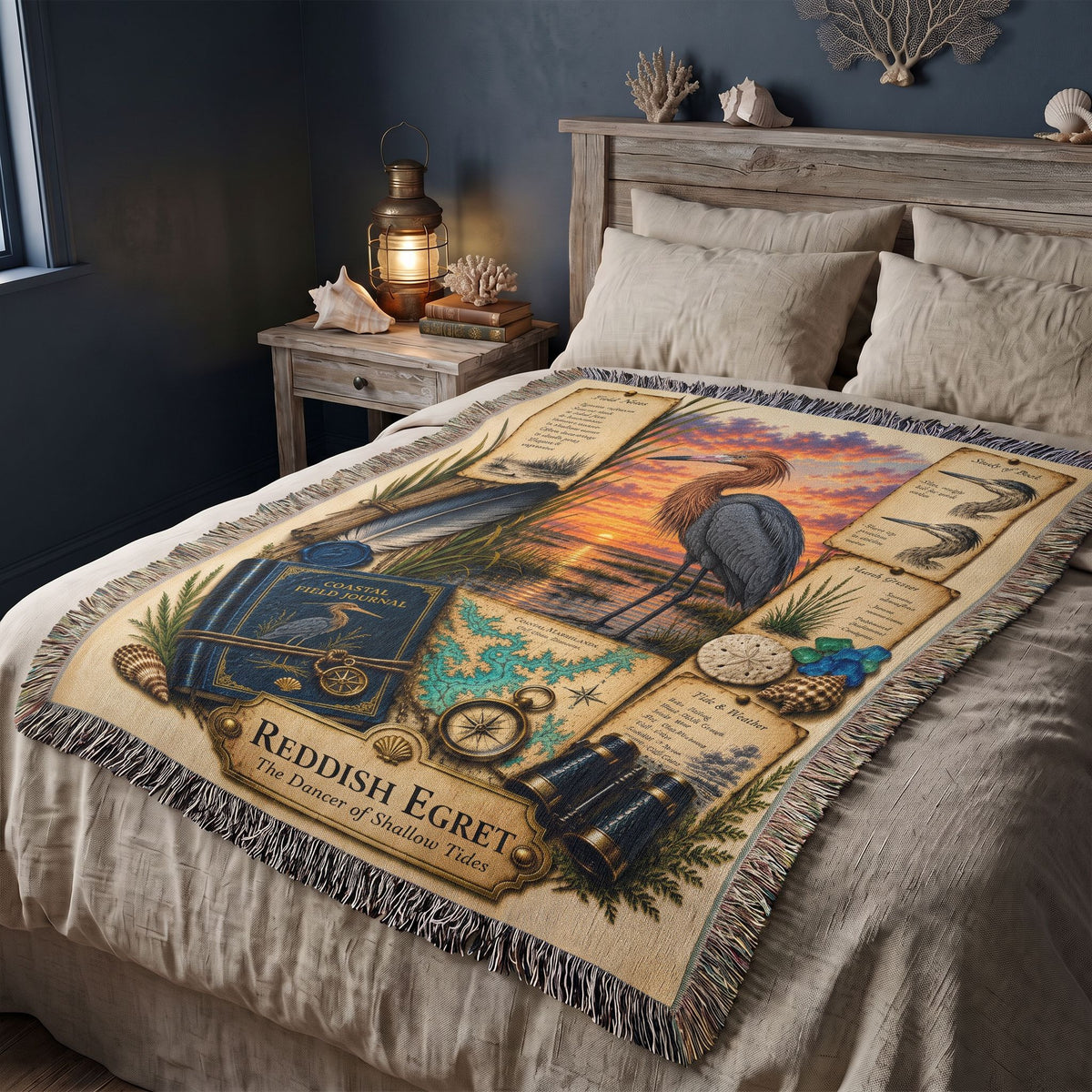 Reddish Egret Woven Throw Blanket | Coastal Bird Decor | Cotton Tapestry Throw | Naturalist Journal Gift