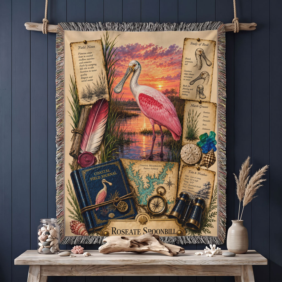Roseate Spoonbill Woven Throw Blanket | Coastal Bird Decor | Cotton Tapestry Throw | Naturalist Journal Gift