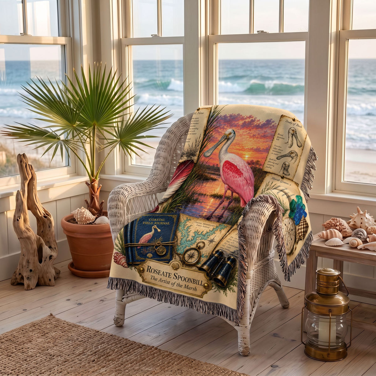 Roseate Spoonbill Woven Throw Blanket | Coastal Bird Decor | Cotton Tapestry Throw | Naturalist Journal Gift