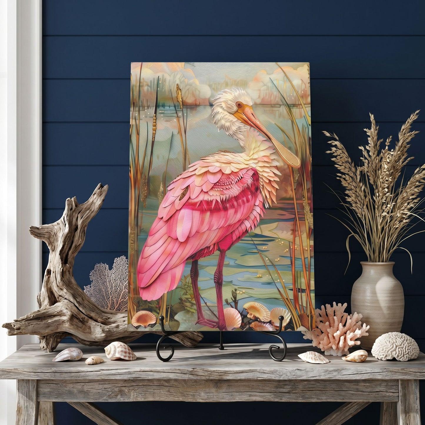Roseate Spoonbill Glass Art Panel, Tempered Glass Coastal Decor, Beach House Accent