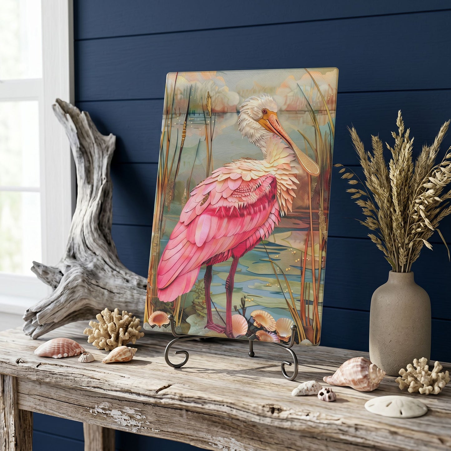 Roseate Spoonbill Glass Art Panel, Tempered Glass Coastal Decor, Beach House Accent
